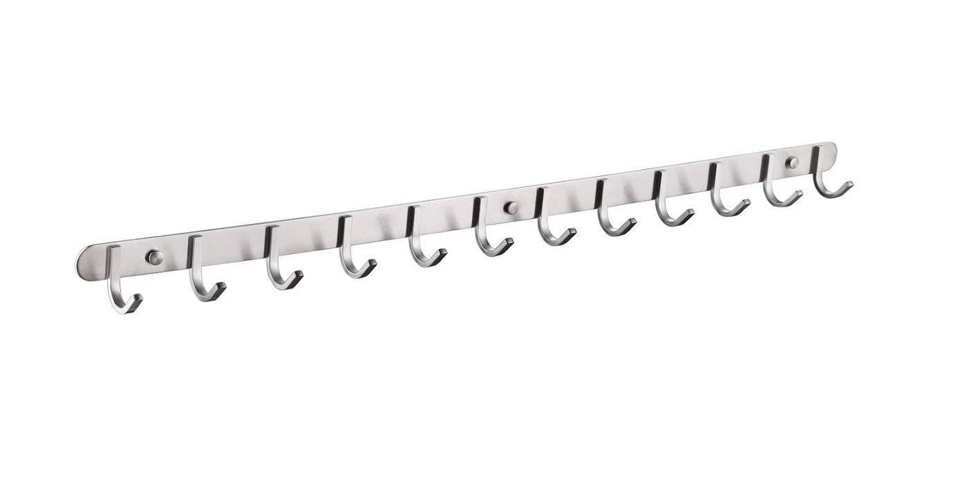 Hook/Coat Rack with 12 Square Hooks- Modern Wall Mounted - Ultra Durable with Solid Steel Construction, Brushed Stainless Steel Finish, Super Easy